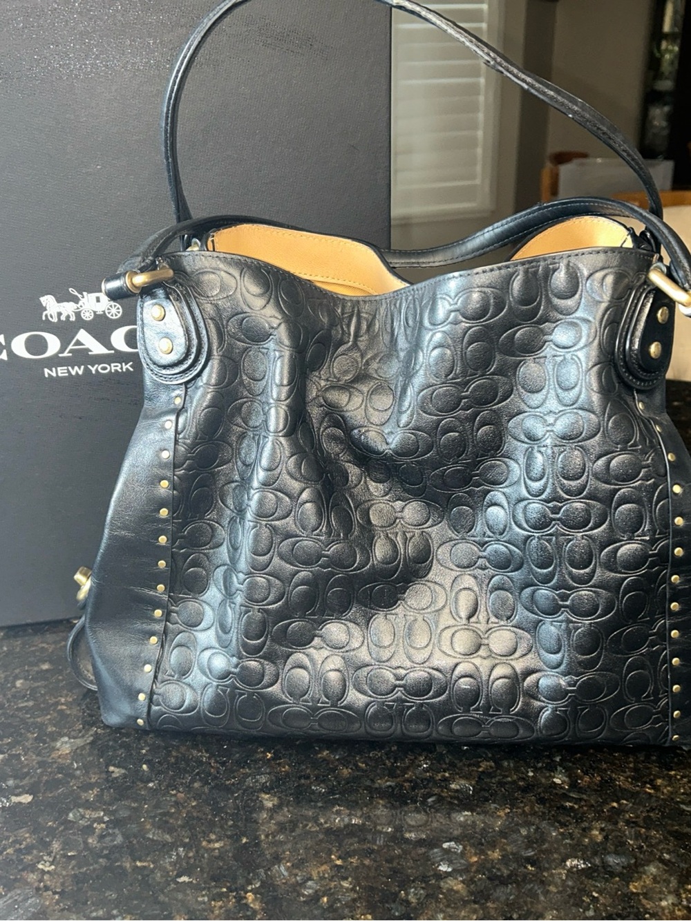 Coach Black Embossed Leather Shoulder Bag with Gold Hardware